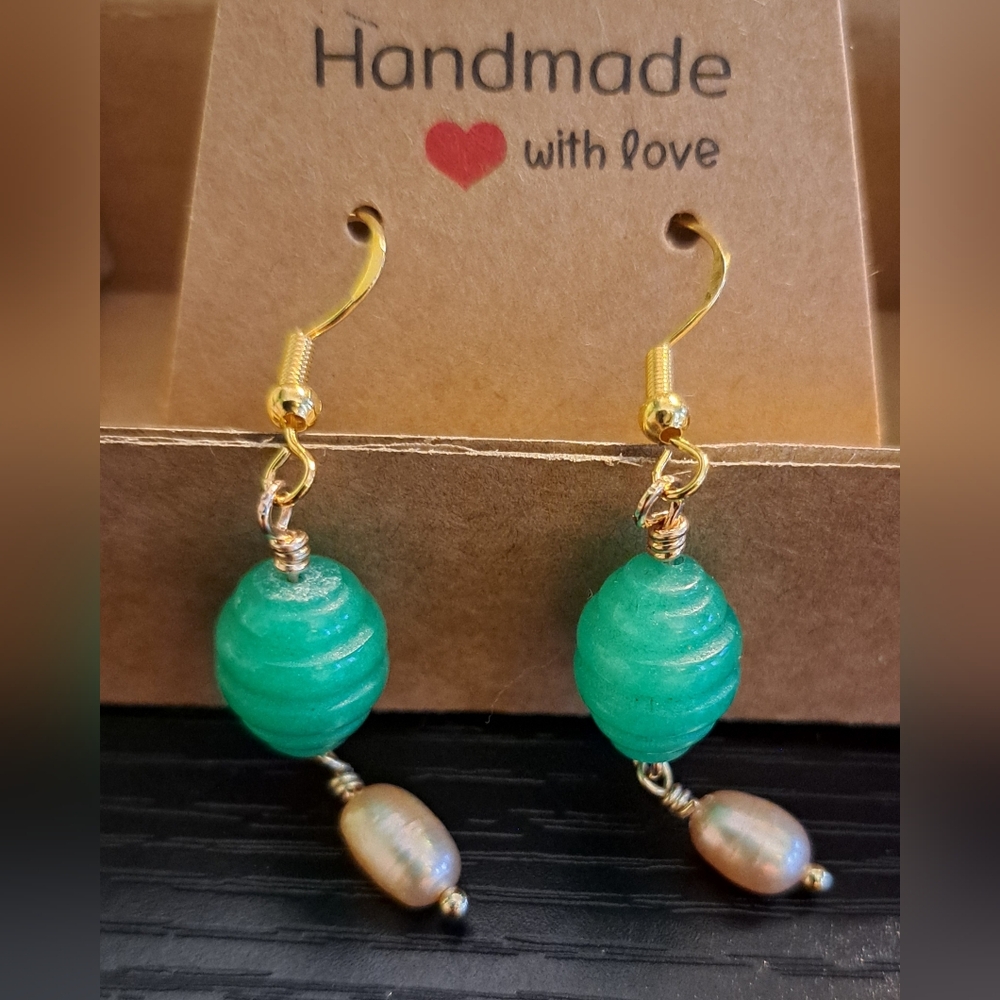 Handcrafted Green Adventurine & Champagne FW Pearl Dangle 14K Plated Earrings